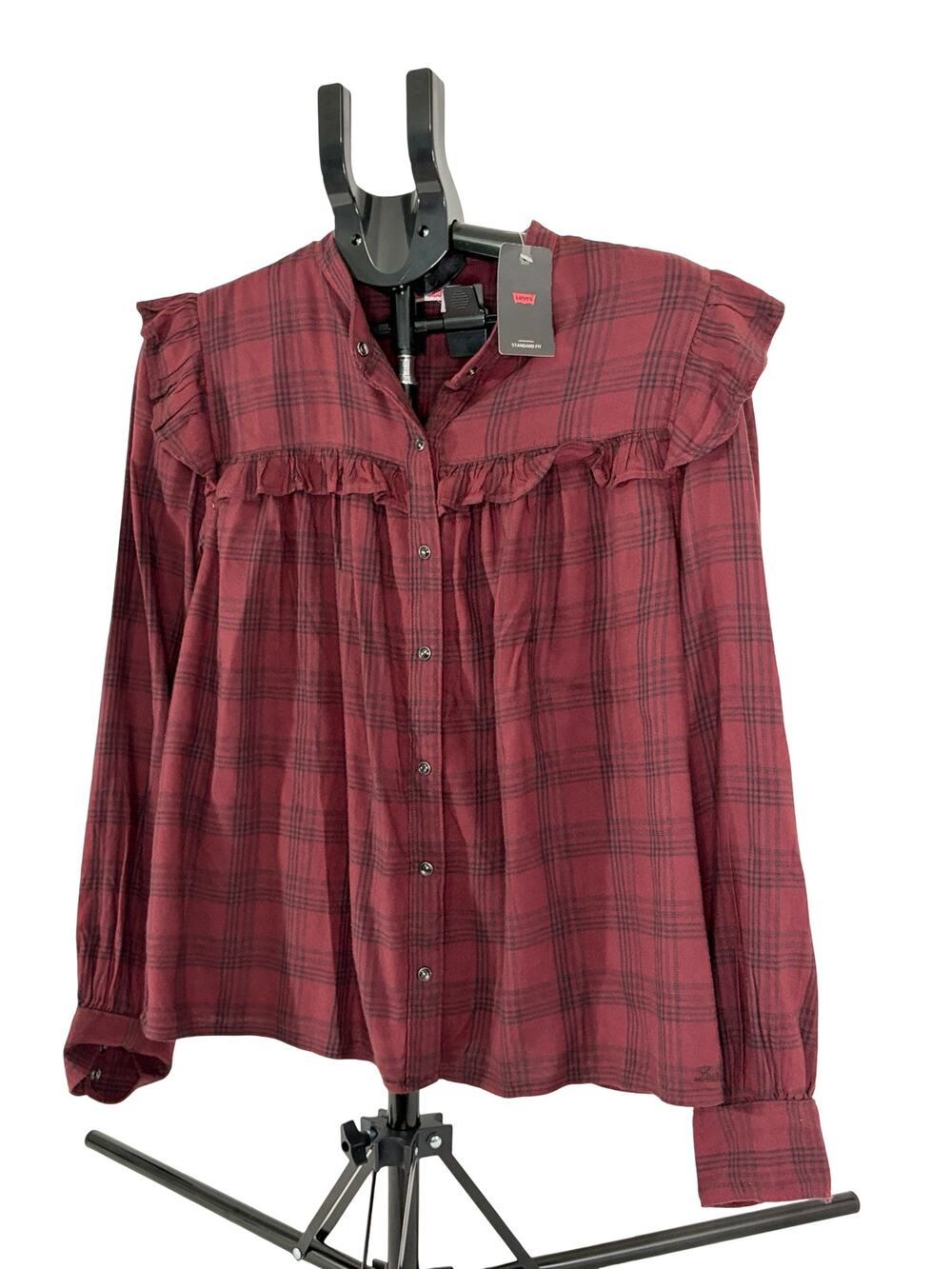 Levi’s Women’s Ruffle Plaid Button-Up Blouse Large Burgundy NWT